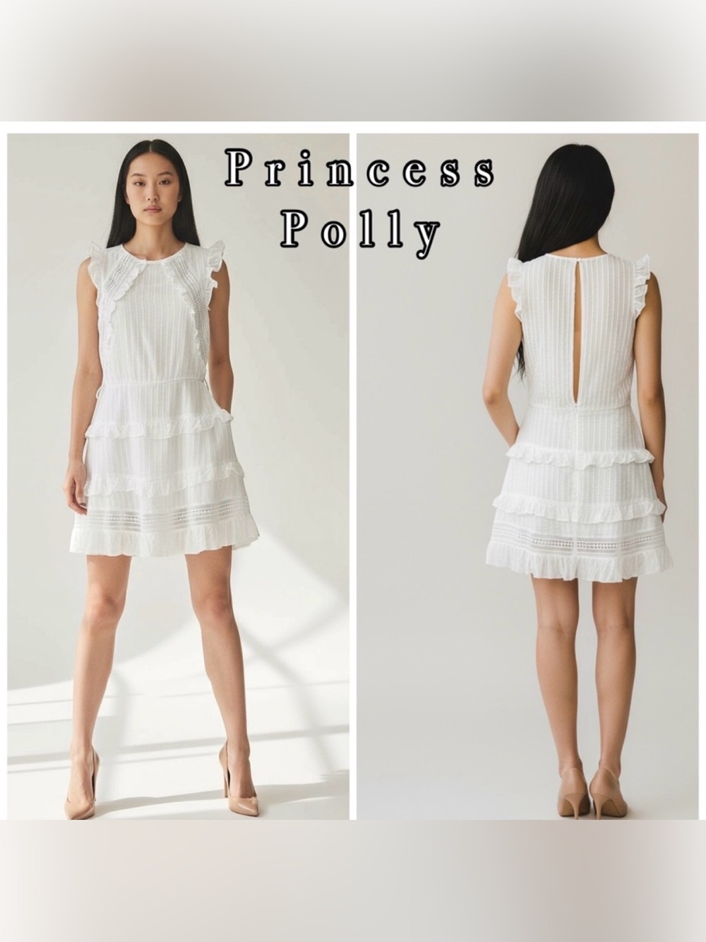 Princess Polly White Eyelet Cotton Sleeveless Ruffle Open Back Mini Dress 2